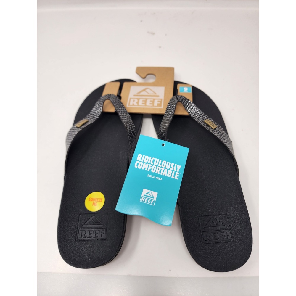 Reef Womens Cushion Court Flip Flops Black Faux Leather Casual Size 9